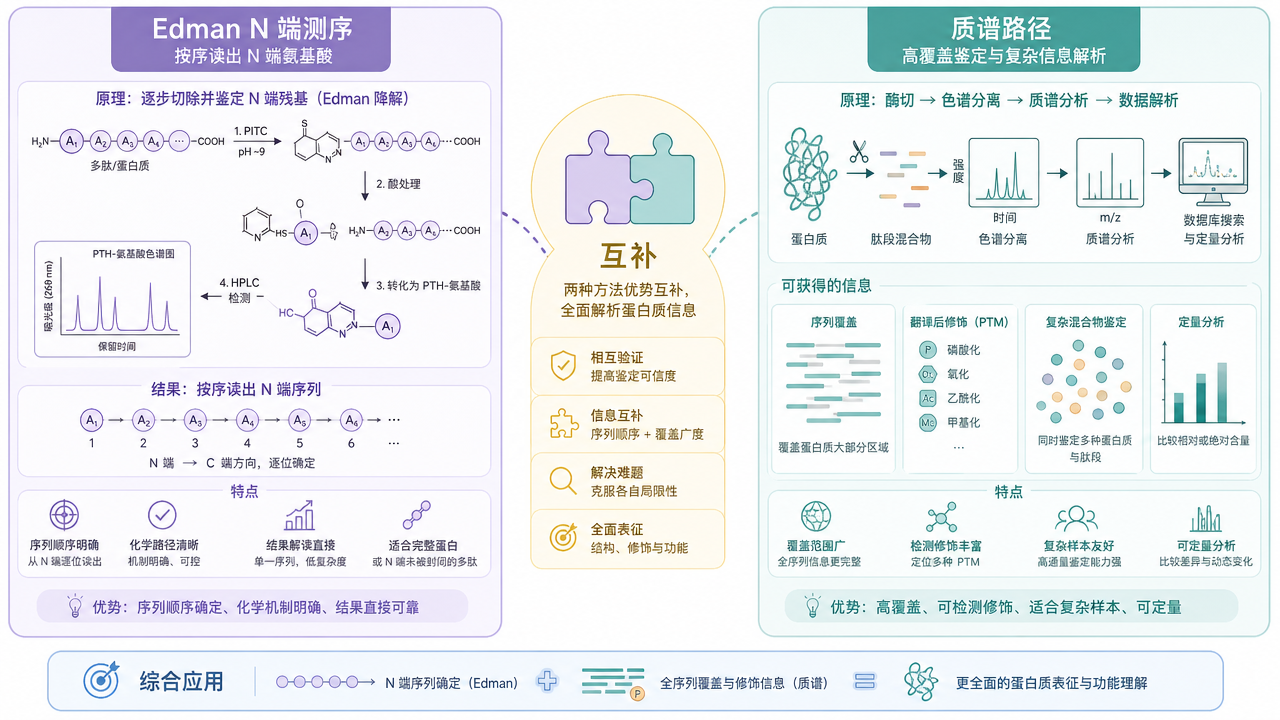 Edman N 端测序与质谱路径在蛋白质表征中的互补关系示意