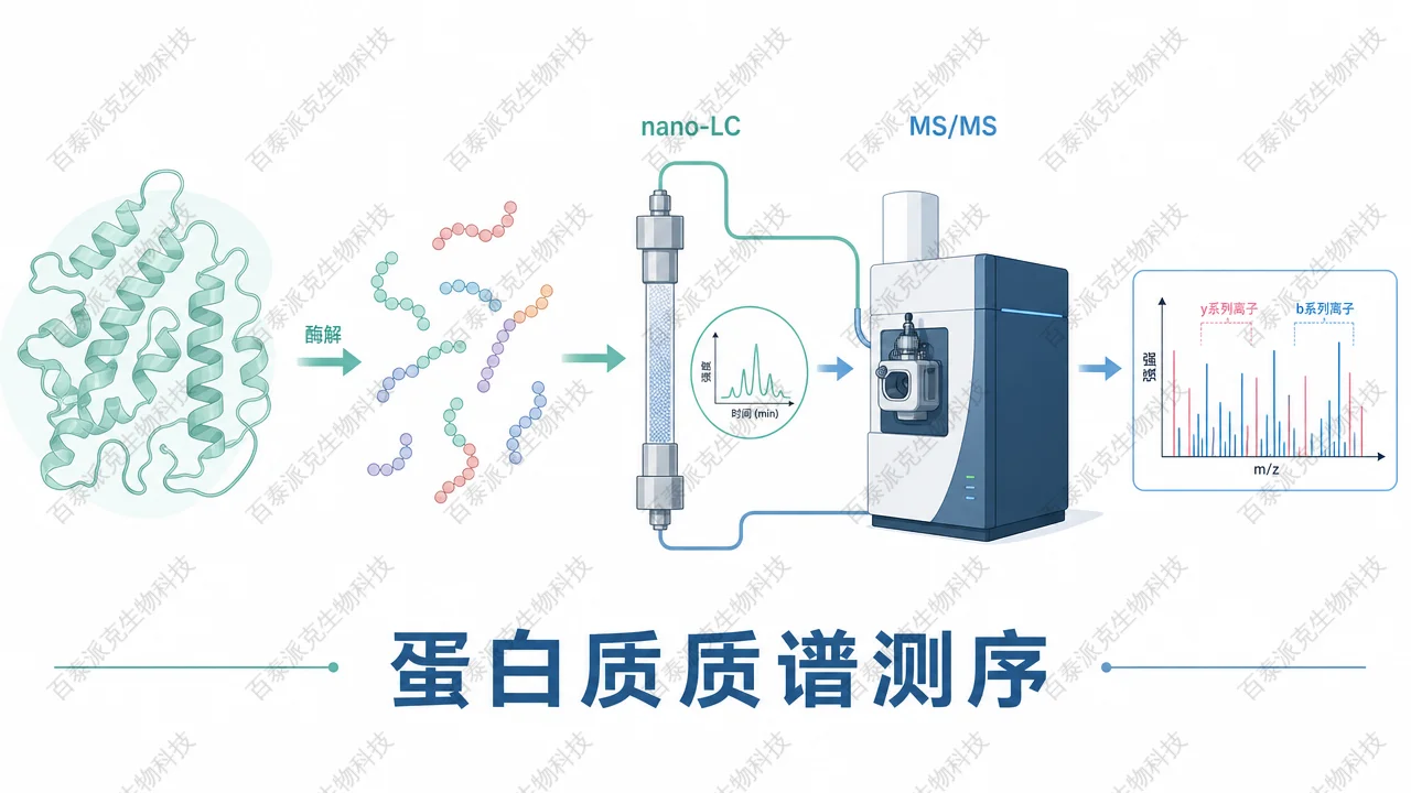封面：蛋白质质谱测序，展示酶切、LC-MS/MS 与肽段拼接概念