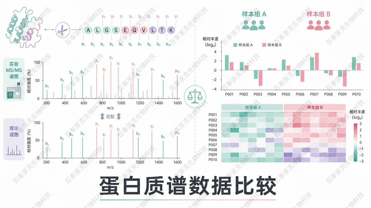 封面：蛋白质谱数据比较，展示鉴定谱图匹配与组间丰度比较概念