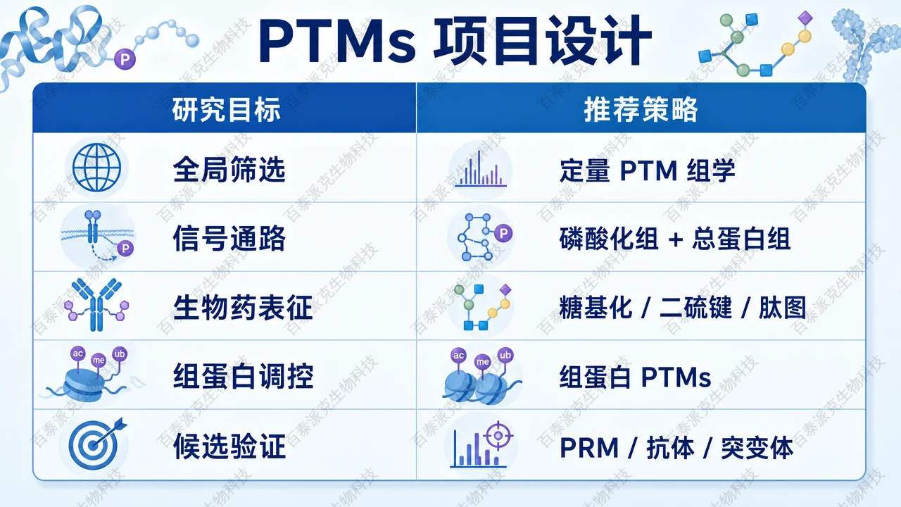 按研究目标选择 PTMs 分析路线的决策矩阵