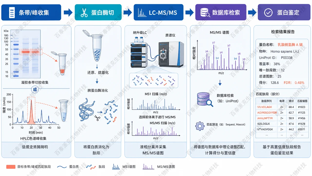 蛋白质鉴定从条带或峰到 LC-MS/MS 数据库检索的流程